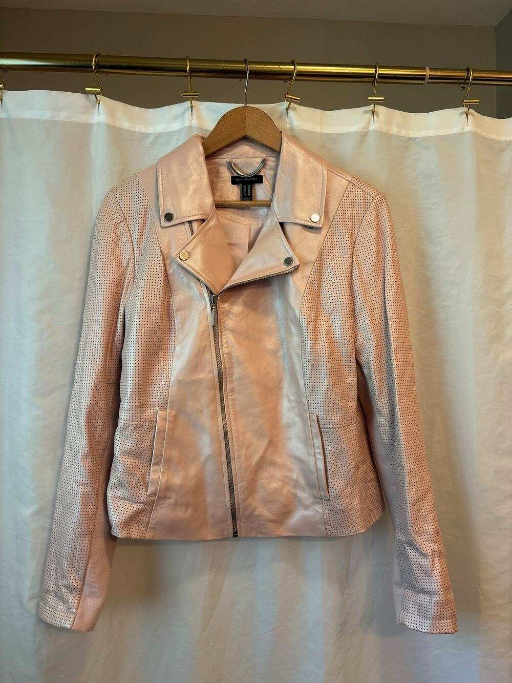 H BY HALSTON Size 14 Pearlized Lamb Leather Motorcycle Jacket ROSE BLUSH
